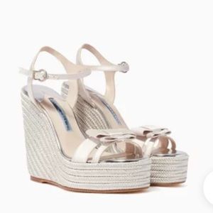 NEW Size 38.5, US 8.5 Sophia Webster Ivory Andie Bow Satin Espadrille Wedges